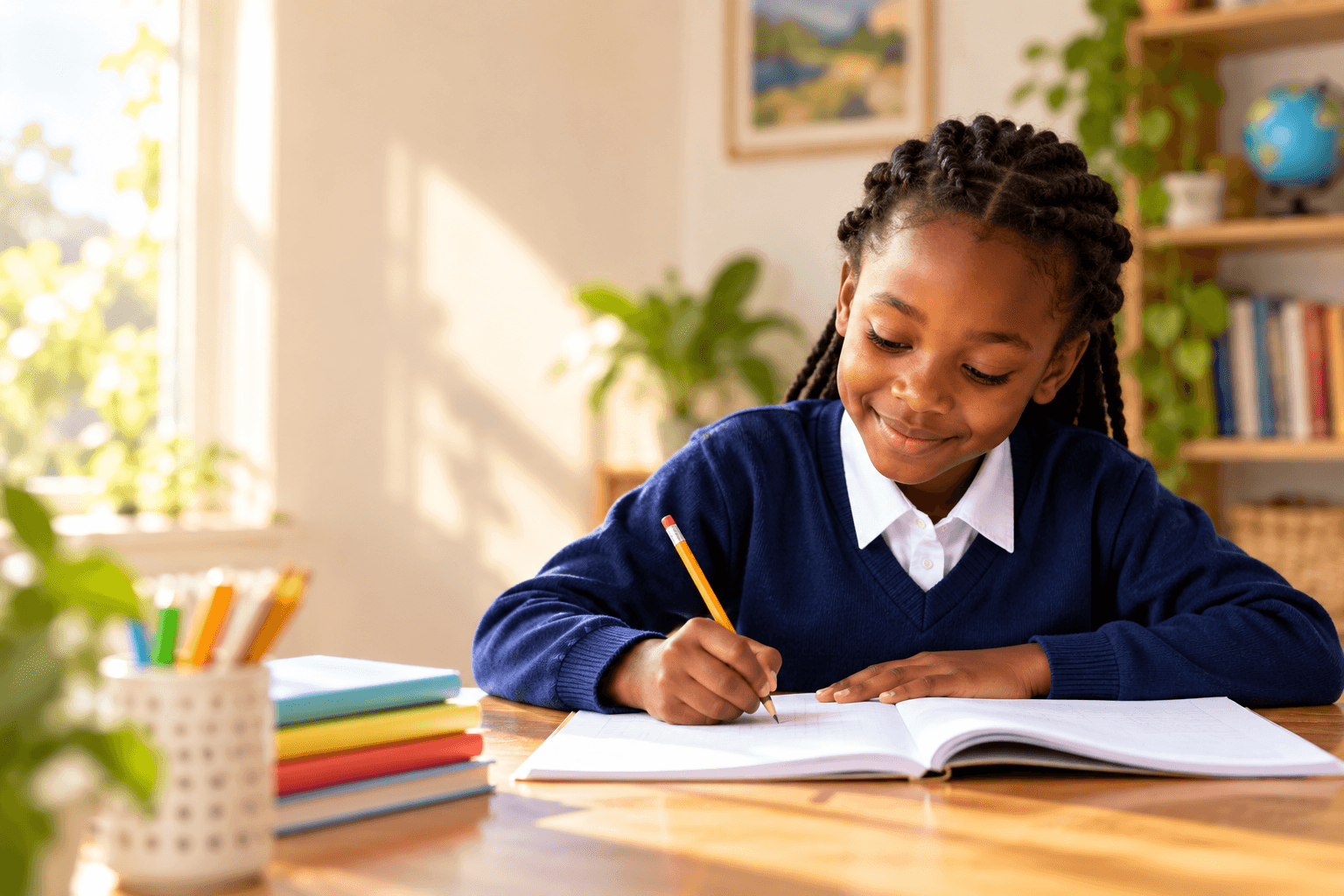 A Kenyan school learner writing in her exercise book